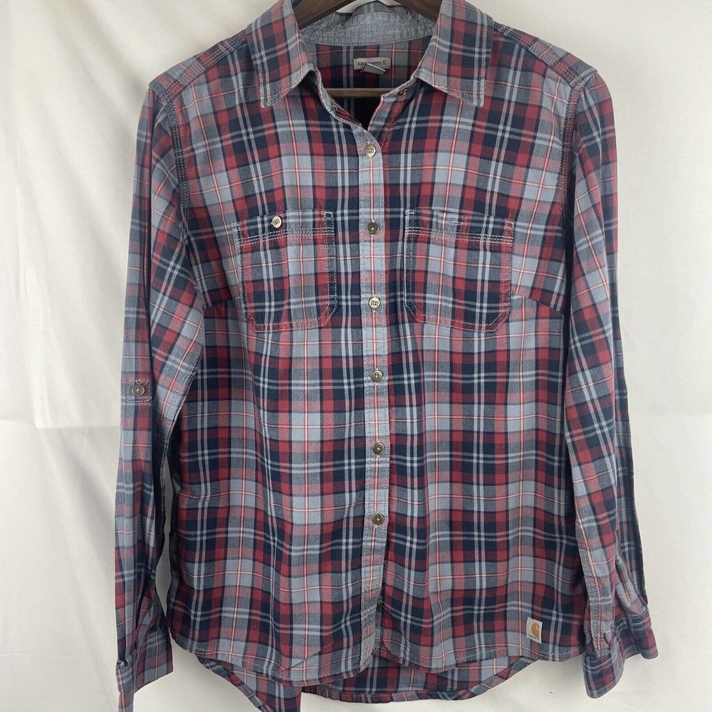 CARHARTT Shirt Womens Med Long Sleeve Metal Button Cotton Denim Plaid Stitch
